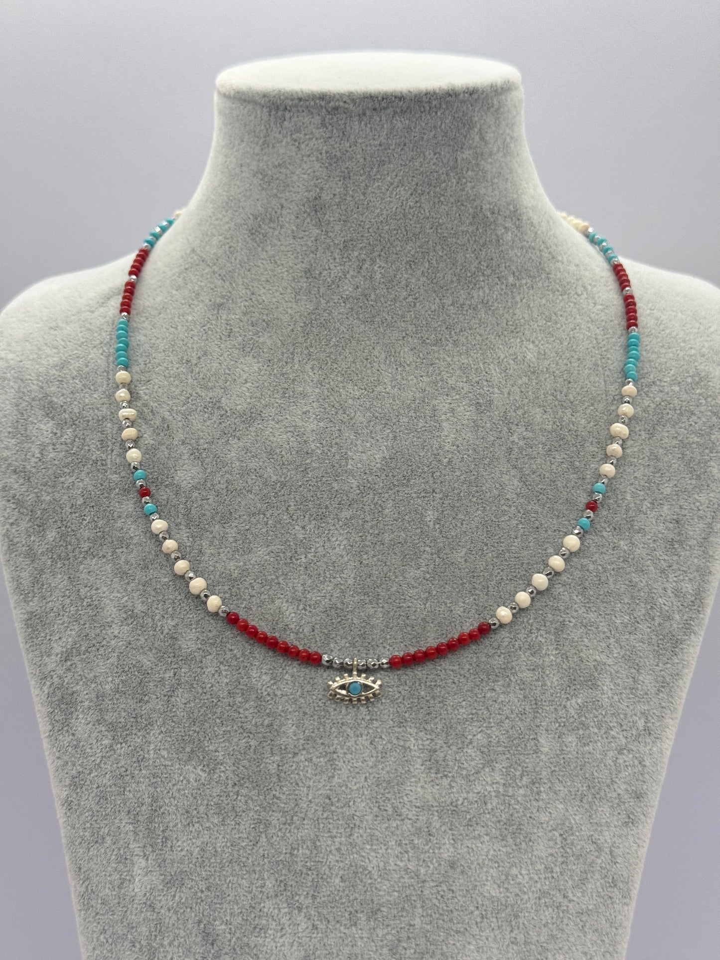 Mercan ve İnci Rose Gold Göz Kolye